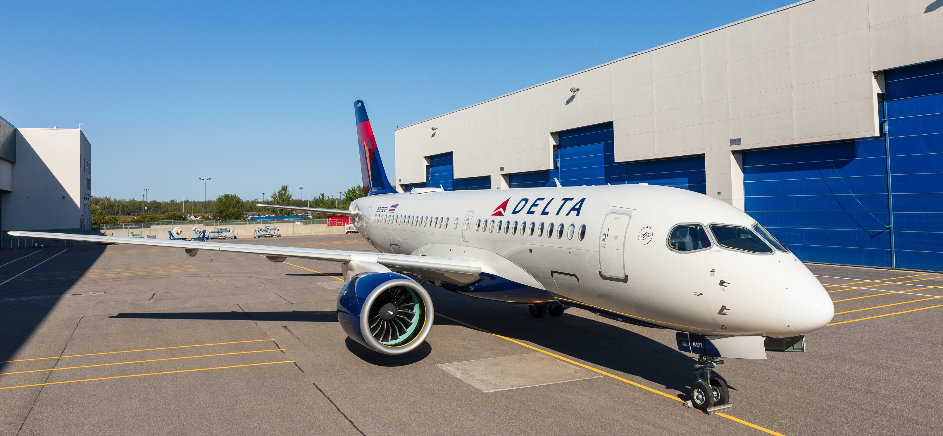First Delta Air Lines A220-100 rolls out of painting hangar in Mirabel